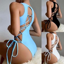 Bañador Sexy de Color sólido con cordones para mujer, traje de baño triangular para cubrir el vientre, Bikini de playa, novedad de 2024