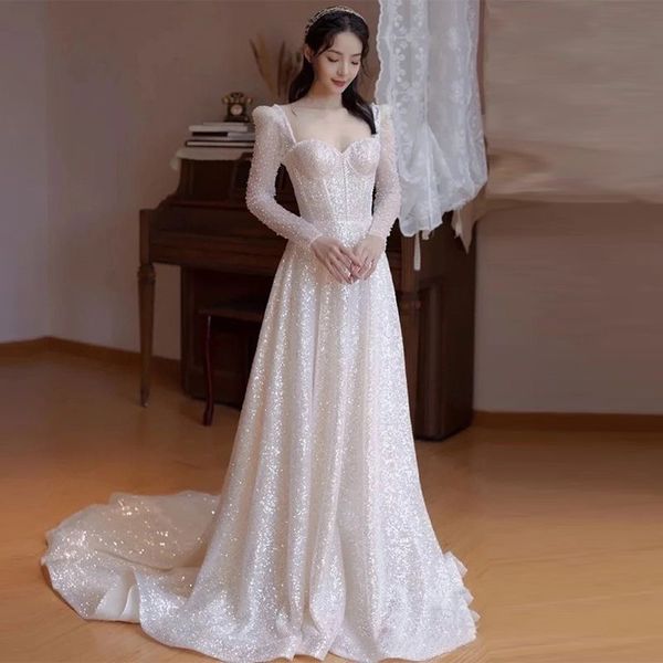 2024 nouvelle robe de mariée sexy pour femmes robe longue en dentelle blanche grande taille longue maille une ligne de perles perlées nouvelles robes de mariée élégantes à paillettes blingbling taille personnalisée robes de mariée