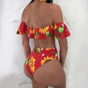 2024 Nuevo traje de baño de bikini sexy de cintura alta con estampado de hojas de loto y hombros descubiertos, novedad de 2024