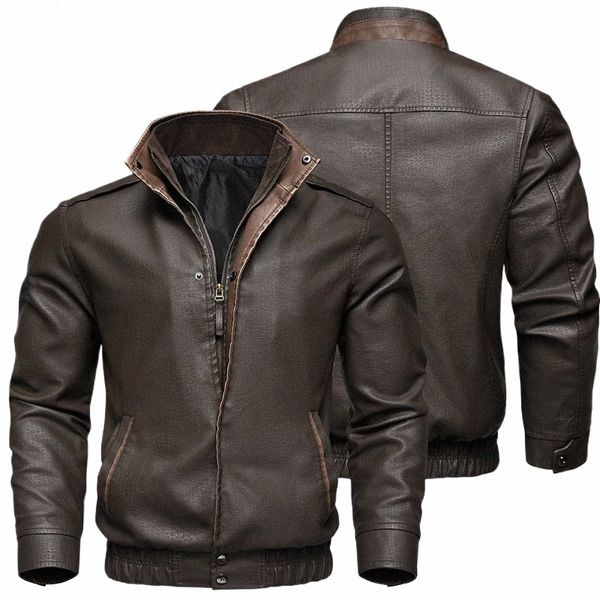 2024 Nouveau Printemps Automne Veste en cuir vintage pour hommes Busin Casual Brown Veste de moto Coupe-vent Plus Taille Zipper Coat c1nn #