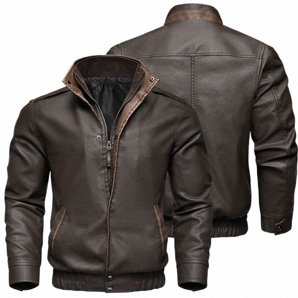 2024 Nouveau Printemps Automne Veste en cuir vintage pour hommes Busin Casual Brown Veste de moto Coupe-vent Plus Taille Zipper Manteau Q54I #