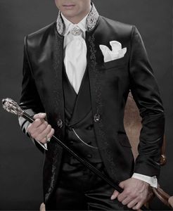 Tuxedos de marié brodé gris argent noir, nouveau Style, costumes de bal de mariage pour hommes (veste + pantalon + gilet), 2024