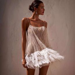2024 Nieuw stijl feest sexy open rug korte rok gelaagde tassel mesh kraal sling jurk f41761