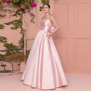 2024 Nuevo estilo rosa vestido de fiesta formal elegante sin tirantes sin espalda arco satinado una línea vestidos de fiesta de noche vestidos de Navidad Abendkleider Robe De Soiree