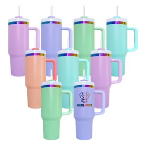 2024 nieuwe stijl gepoedercoat 40oz macaron regenboog vergulde quencher tumbler mokken kopjes met handvat voor lasergravure klaar om te verzenden 20 stks / doos beste cadeaus voor moeder