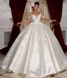 2024 Robes de mariée de nouveau style V-collier perles paillettes Appliques robes de bal en satin robes de mariée gonflées vestido de noiva casamento