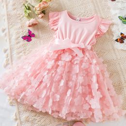 2024 Nouvelle robe d'été pour les filles âgées de 2 à 6 ans Papillon Mignon Robe de princesse d'anniversaire pour enfants Couleur unie Robe de soirée de mariage élégante 240402