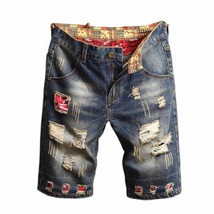 2024 Nouvel été Fi Ripped Hole Jeans pour hommes Court Street Vintage Droit Slim Denim Taille moyenne Marque Imprimer Shorts D9QU #