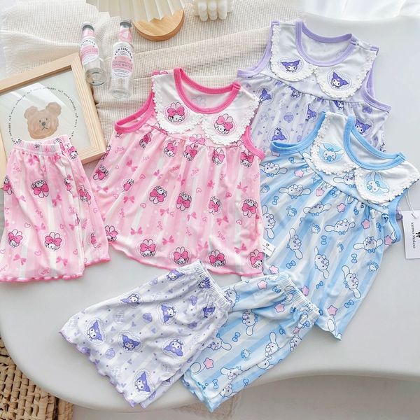 2024 NUEVO Summer Girls Juego de hielo Seda linda muñeca Cuello sin mangas tanque de mangas de alta calidad Baby Dos piezas Pajamas para niños para niños