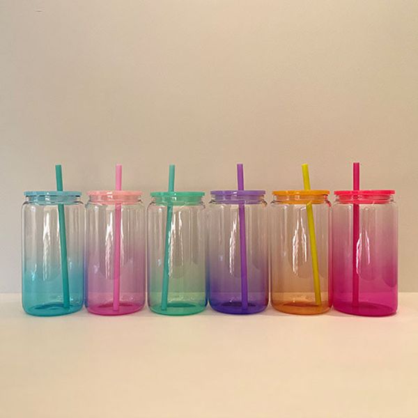 Tasse en verre à Sublimation thermique, 16oz, dégradé de couleur, avec capuchon en PP coloré, paille colorée, nouveauté 2024