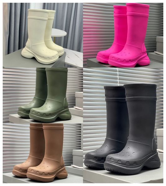 2024 NOUVEAU TOP KIDS Crocse Echo Clog Summer Tall Rain Boots Knee-High Round Toe 6cm Platform Rubber Sole Unisexe Fashion Casual Couple Shoes Footwear Footwear