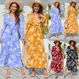 Robe longue à fleurs fragmentées pour femmes, col en v, manches nouées à la taille, jupe à fleurs fragmentées, nouvelle collection 2024