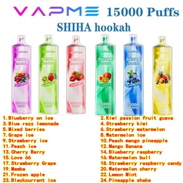 2024 nouveau VAPME SHISHA 15000 15K Puffs Vapes jetables E-cigarettes 24 saveurs 650 MAh Batterie 24 ml Kit de vapeur à dosettes préremplies Contrôle du flux d'air VS JNR 12000 cristal 7000