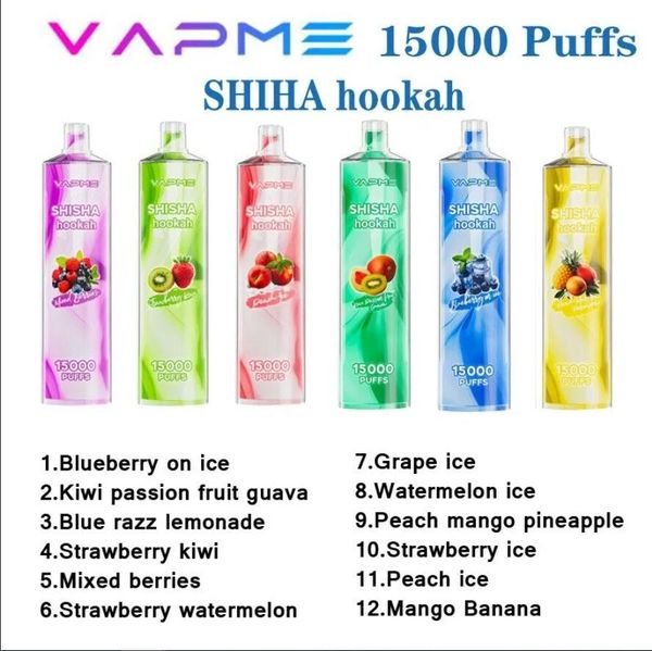 2024 Nuevo VAPME SHISHA Hookah 15000 Puffs Bobina desechable Vape 650mAh Batería recargable 25ml Pod precargado 20 sabores E Cigarrillos PK Crystal 7K 7000 King Pro 12000