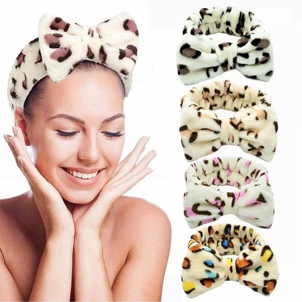 2024 Nouveau bandeau de visage de lavage pour femmes filles Coral Fleece Bow Band Léopard Makeup Headwear Elastic Head Wrap Hair Accessoires - Pour Coral Fleece Hair Accessory