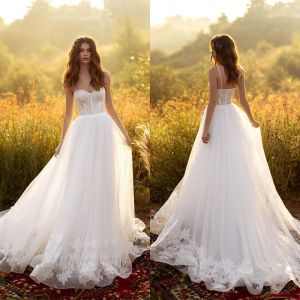 2024 Nieuwe trouwjurken Spaghetti -riemen Lace Appliques Beach Bridal Jurys Custom Made Open Back Sweep Train A Line Wedding Dress