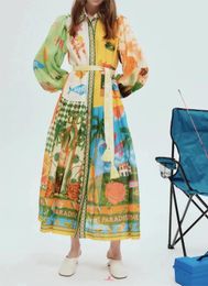 2024 Robe de design de nouvelle femme avec sous-marin Coconut Forest Print Collar, robe à manches longues enveloppée de taille, style d'été