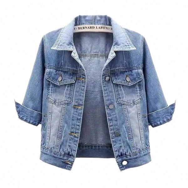 2024 Nouveau Femmes Printemps Automne Denim Veste Tops Rose Couleur Solide Court Multicolore Feminino Trois Quarts Manches Jean Veste K5Bk #