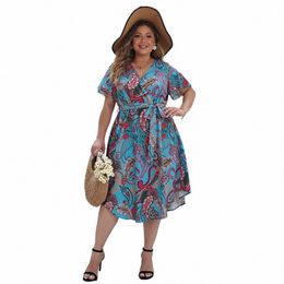 2024 Nuevas mujeres Verano Paisley Lg Dr V Cuello Manga corta Estampado floral Boho Beach Dr Curvy Mujer Tallas grandes Ropa de mujer 46VX #