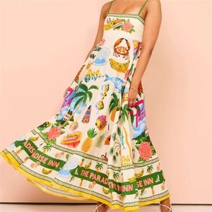2024 Nieuwe dames designerkleding sexy jarretel graffiti katoen en linnen bedrukte jurk met grote zoom