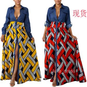 2024 Nouvelle robe pour femmes en denim tissé Stripe imprimé grand ourlet Long Robe