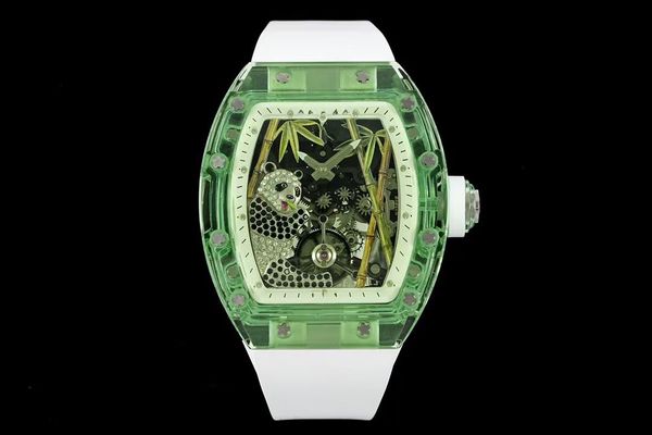 2024 nouvelle montre pour femme Panda Eats Golden Bamboo Crystal RM26-01 Tourbillon Montre lunette boîtier central et fond du boîtier cristal étincelant Double plaque de base ajourée