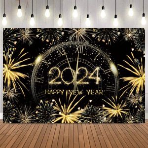 2024 Nieuwjaarsfeest achtergrond vuurwerk klokklok champagne bokeh fotocall vier feestdecor banner achtergrond photobooth rekwisieten