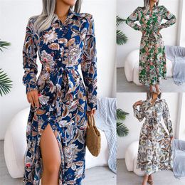 2024 Nieuwste Casual Kleding Mode Vrouwen Jurken Retro Bloemen Revers Hals Lange Rokken Vintage Mandala Patroon Jurk