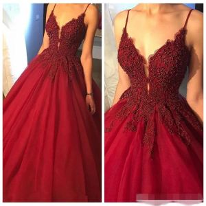 2024 Nieuwste Dark Red Ball Jurk Prom -jurken sexy spaghetti riemen kralen tule tule op maat gemaakte lange optocht avondjurk vestido