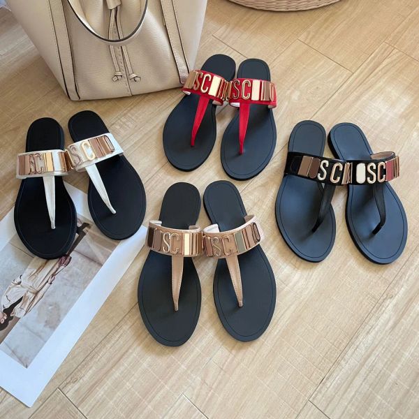 2024 Date Flip Flops Sandale Métal String Sliders Été Cuir Femmes Cadeau Designer Chaussures Mules Hommes Talon plat Noir Slipper Outdoor Beach Lady