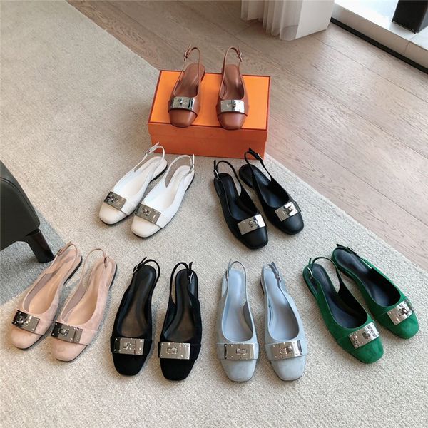 2024 más nuevo de alta calidad zapatos de vestido plano sexy de gamuza diseñador de lujo de cuero real para mujeres de cuero de metal zapatos de fiesta de stiletto sandalias de verano
