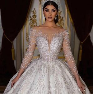 2024 Nouvelle robe de mariée pour la mariée robe de bal chérie cou manches longues avec perles paillettes satin robes de mariée sur mesure robes de novias