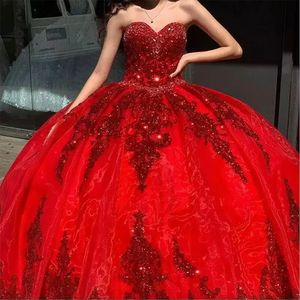 2024 Uit de schouder glanzend rood Quinceanera Jurken met pailletten kant Geappliceerde kralen Baljurk Galajurken bling bling Sweet 16 Jurk vestidos de 15 ano sexy bruidsjurk