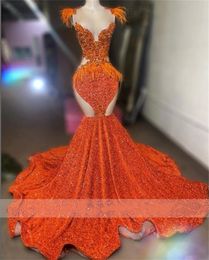 2024 Oranje pure o nek lange prom jurk voor zwarte meisjes kralen lovertjes Verjaardagsfeestjurken Veren Formele jurk Mermaid avond 0516