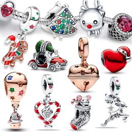 Breloque en forme d'arbre de noël, 2024 Original, souris, renne, cœur rouge, perles adaptées au Bracelet, bijoux en argent Sterling, cadeau