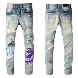 2024 Peinture Jeans pour hommes Spray sur patchs Denim Skinny Slim Biker Moto Hip Hop Jambe droite Bleu Vintage Détresse Stretch pour homme gars genou déchiré P