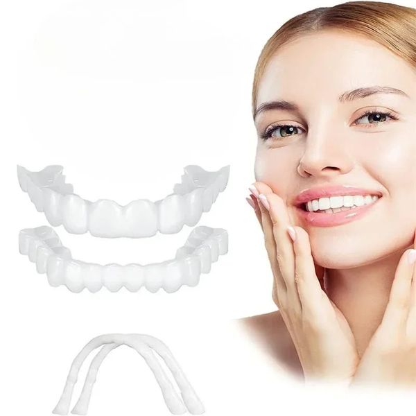 2024 Perfect Fit Whitening Whitening Fake dents Cover Snap sur le silicone Smilone Souleers Dentants Upper Beauty Tool Cosmetic Dents Shippings Nap sur Silicone Smile