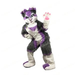 2024 Performance Purple Grey Fox Dog Husky Mascot Costumes Cartoon Carnival Hallowen Performance Unisexe Fancy Games Tenue de tenue publicitaire en plein air