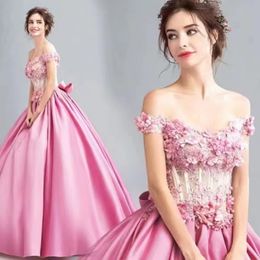 2024 rose fleurs 3D robes de mariée illusion pleine dentelle appliques corset perles perles cristal perles hors épaule robe de bal formelle satin luxe robes de mariée