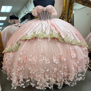 2024 Rose 3dflowers Quinceanera Robes hors de la robe de bal épaule Appliques de dentelle Crystal Tull Vestidos de 15 anos