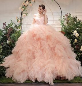 Robe De mariée rose, épaules dénudées, à volants, à plusieurs niveaux, en Tulle pelucheux, robes formelles, 2024