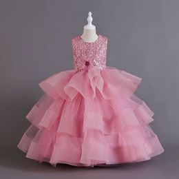 2024 Roze verjaardagsfeestje nieuw bloemenmeisje jurken kleine kinderen pure nek appliqued kant gelaagde tule kralen babymeisje jurk prinses koningin huwelijk jurken