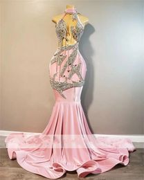 2024 Roze jurken prachtige zeemeermin halter -stijl sprankelende Sier Crystals Rhinestones Tassels jurk zwarte meisjes prom feestje