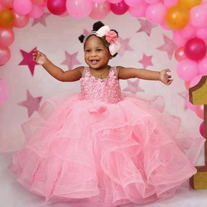 2024 robes de fille de fleur rose enfants robe d'anniversaire illusion des perles appliquées à cou transparent en dentelle en dentelle