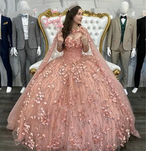 2024 Roze Quinceanera Jurken Pailletten Kralen 3D Bloemen Applique met Cape Korset Terug Tule Aangepaste Zoete 15 16 Prinses Optocht Baljurk vestidos