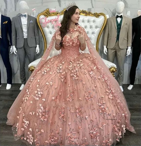 2024 robes quinceanera rose paillettes perles appliques florales 3D avec Cape Corset Back Tulle Custom Sweet 15 16 Princess Pageant Ball Verstidos 0431