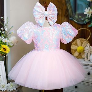 2024 roze lovertjes bloemenmeisje jurken tutu bloemen tule kleine meisjes bruiloft luxueuze baby frist heilige communie optocht jurken met boog verjaardagsfeestje