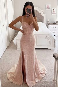2024 roze pailletten prom jurken Sweetheart halslijn zeemeermin avondjurk met spleetspaghetti op maat gemaakt