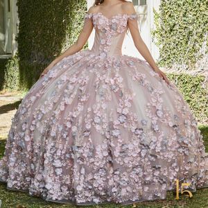 2024 Robe de bal rose brillante Quinceanera Robes Perles Fleurs 3D Applique Tulle Robes De 15 Anos Robe Corset Pour 16e Anniversaire