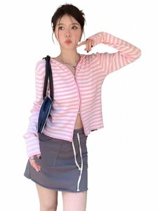 2024 Rose Rayé Vintage Y2K Esthétique Femmes Cardigan Japonais Pull Tricoté Manteau Femme À Capuche Double Fermeture Éclair Kardigany U6nQ #